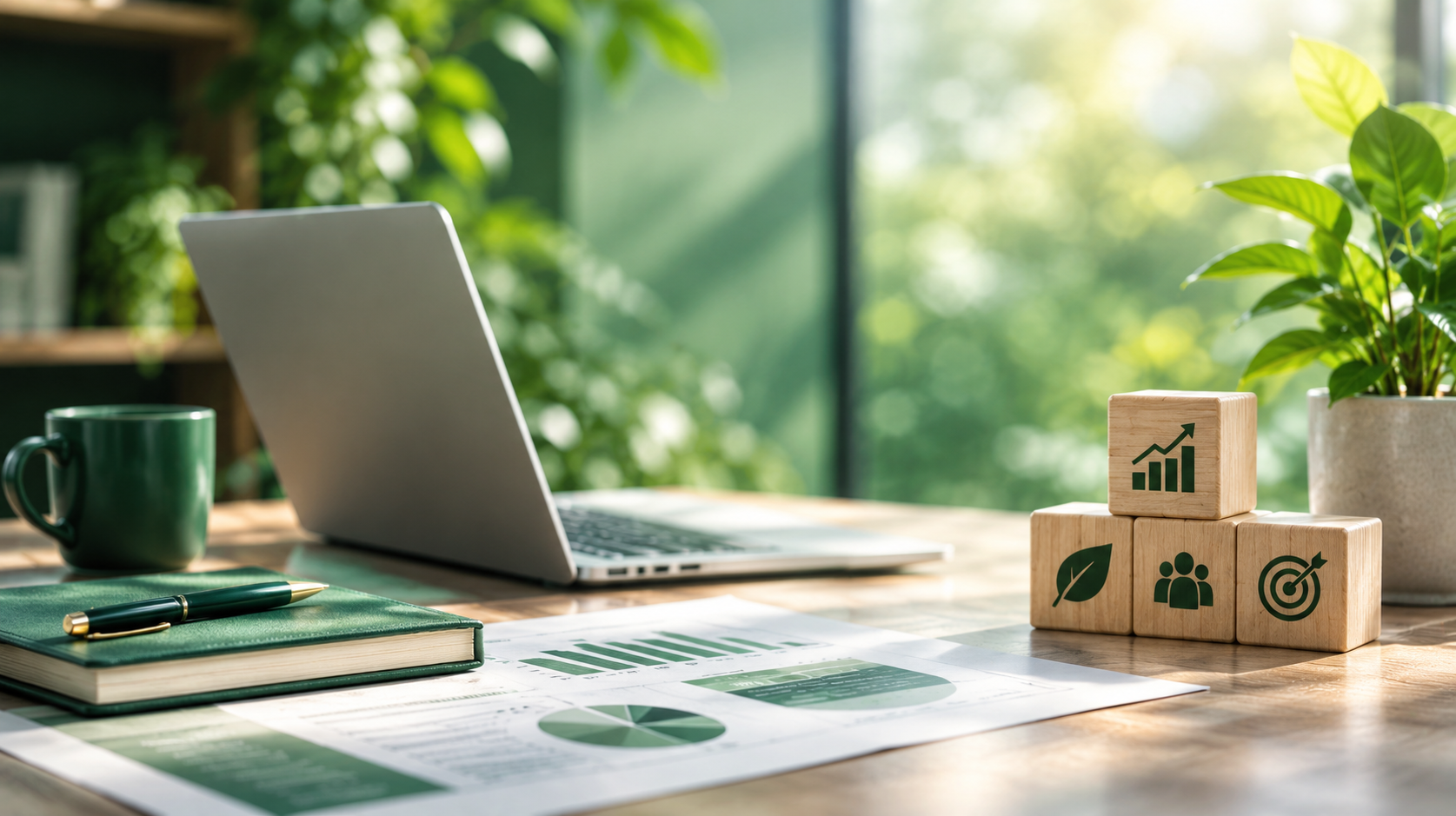 Financial charts, laptop and planning materials on a desk