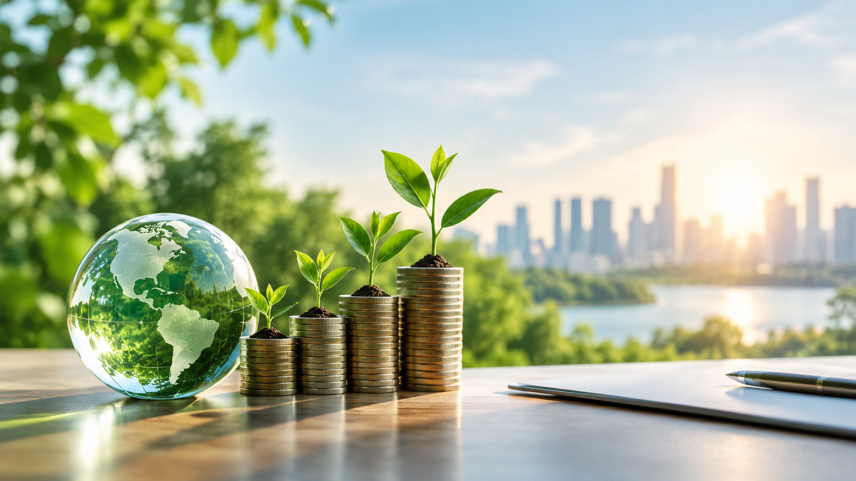 Growing plants on stacked coins beside a glass globe