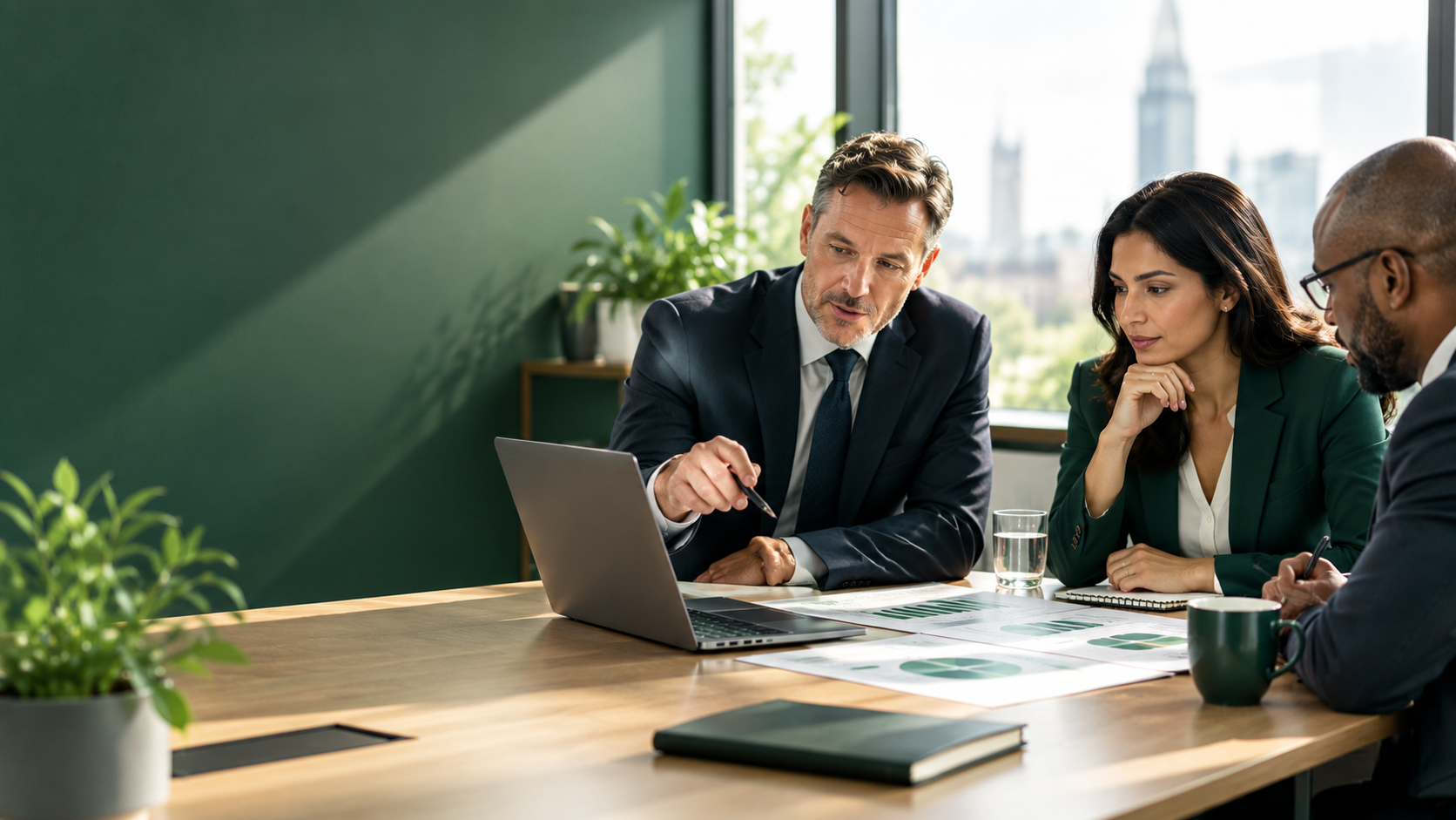 Senior advisers reviewing financial plans in a meeting